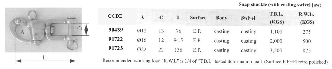 SNAP SHACKLE W/CASTING SWIVEL JAN INOX DIAM.
